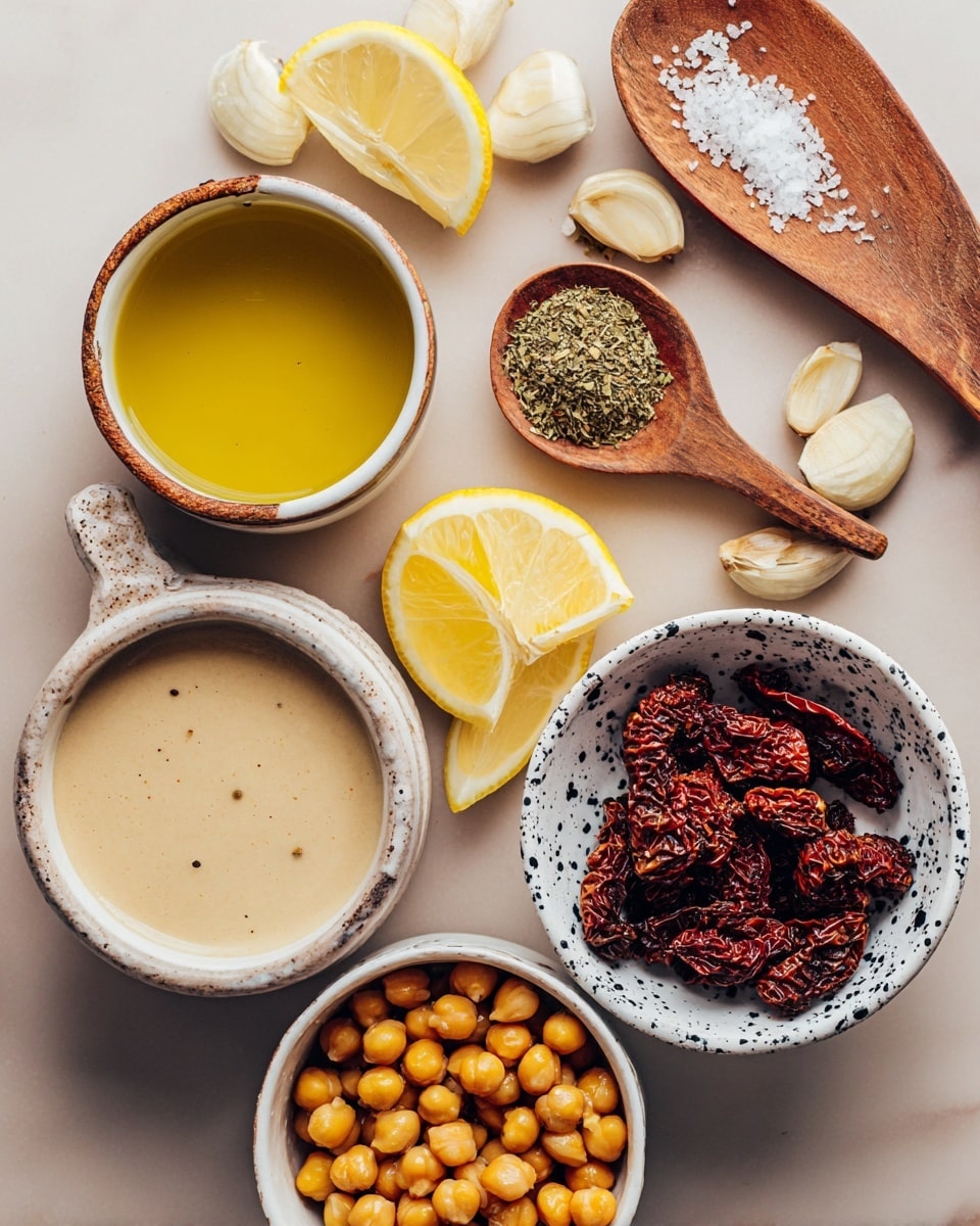The image shows a top-down view of several ingredients arranged neatly on a white marbled surface. At the center, there is a white bowl with black spots filled with dried dark red sun-dried tomatoes, showing wrinkled textures. Next to it is a white bowl filled with round yellow chickpeas that have smooth surfaces. Above, a wooden spoon holds dried oregano, light green with a rough texture, and next to it another wooden spoon holds coarse sea salt with white grains. To the left, a small rustic white bowl filled with golden-yellow olive oil sits near a white bowl with a creamy beige tahini sauce, smooth in texture. A small wooden board at the top holds three peeled garlic cloves, creamy white and shiny. Around these are three lemon wedges with bright yellow rinds and juicy white inner flesh. The lighting is bright, and the photo looks sharp and clear. Photo taken with an iphone --ar 4:5 --v 7