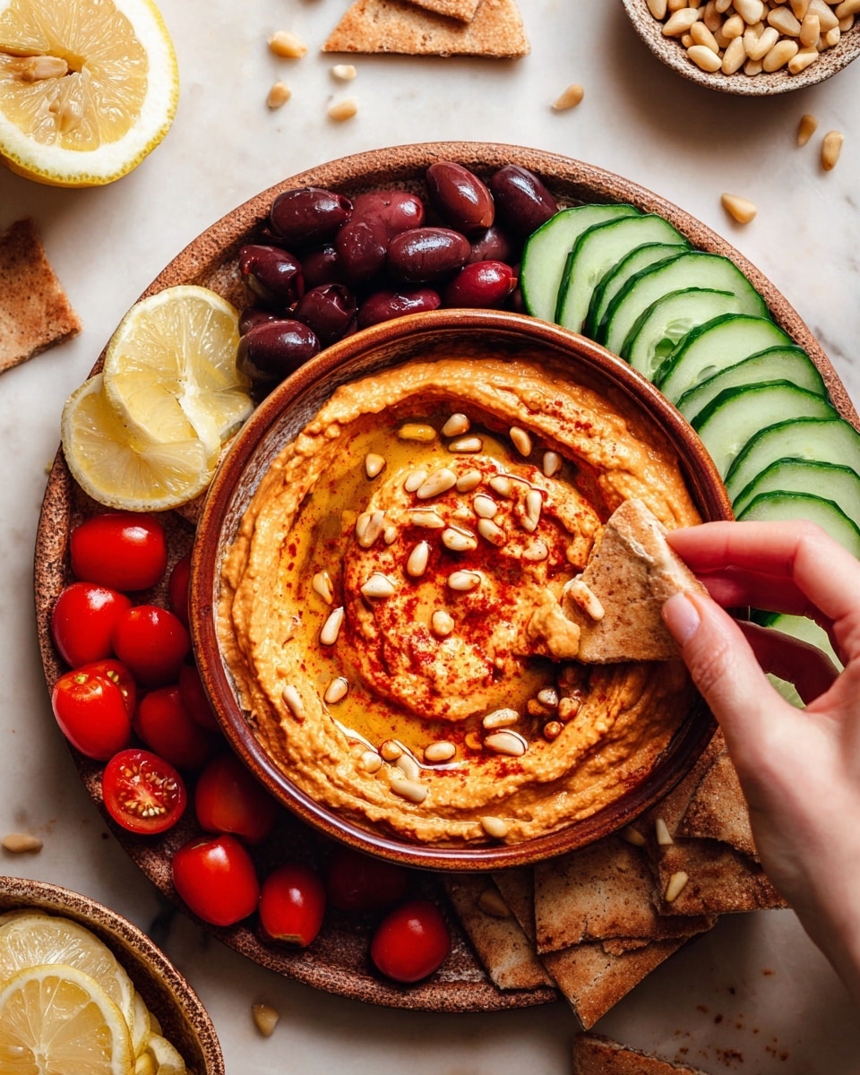 A round white plate holds a smaller round bowl in the center filled with reddish-orange hummus topped with a swirl of olive oil and scattered pine nuts. Around the bowl, there are six layers of fresh vegetables and snacks: a layer of dark red olives at the top, next to a layer of green cucumber slices sprinkled with black pepper on the outer right, a layer of light brown pita bread triangles on the bottom right and bottom center, a layer of lemon wedges with bright yellow peel and juicy texture on the bottom left, a layer of small orange and red grape tomatoes on the left side, and a few more pine nuts scattered on the white surface nearby. The whole setup sits on a white marbled background. photo taken with an iphone --ar 4:5 --v 7