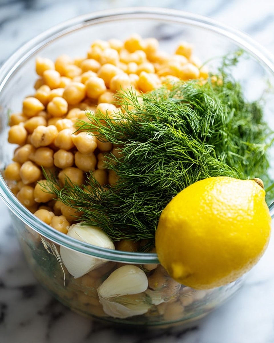 A clear glass bowl filled with a large layer of light yellow chickpeas, topped with a bunch of fresh green dill on the left side and a whole bright yellow lemon resting on the lower right. Beneath the dill and chickpeas, there are some white garlic cloves visible. The bowl is set against a white marbled background with soft, natural light highlighting the textures of the ingredients. Photo taken with an iphone --ar 4:5 --v 7