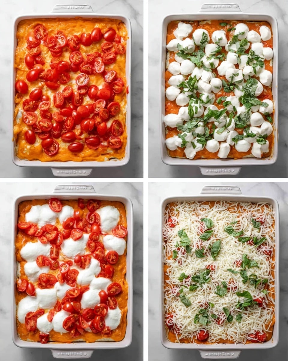 The image shows a four-step process of making a layered pizza in a rectangular white pan on a white marbled surface. The first layer is a thick orange melted cheese base with scattered red cherry tomato halves on top. The second layer adds white round mozzarella pieces evenly placed over the cherry tomatoes and melted cheese. The third layer adds green fresh basil leaves scattered on top of the mozzarella, tomatoes, and cheese. The final layer shows the pizza topped with a light layer of finely shredded white cheese sprinkled over the basil, mozzarella, and cherry tomatoes, creating a colorful, fresh look. Photo taken with an iphone --ar 4:5 --v 7