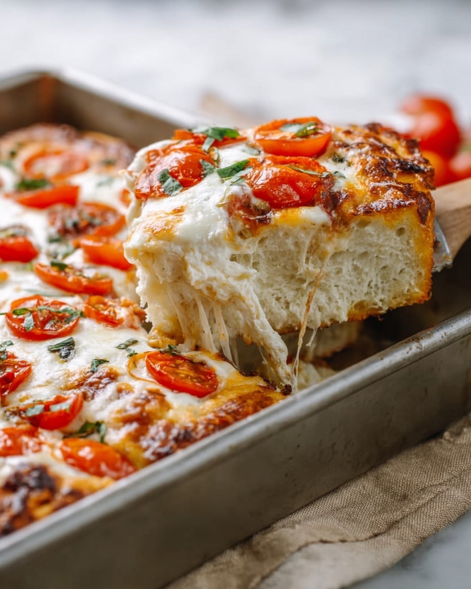 A large rectangular pizza with two main layers visible; the bottom layer is a golden-brown thin crust topped with tomato sauce, followed by a thick layer of melted white mozzarella cheese spread unevenly across the surface. Bright red cherry tomato halves are scattered on top, along with small pieces of dark green fresh basil leaves. The edges of the crust are slightly crisp with some browning, and the pizza is in a silver metal baking tray set on a white marbled surface. Photo taken with an iphone --ar 4:5 --v 7