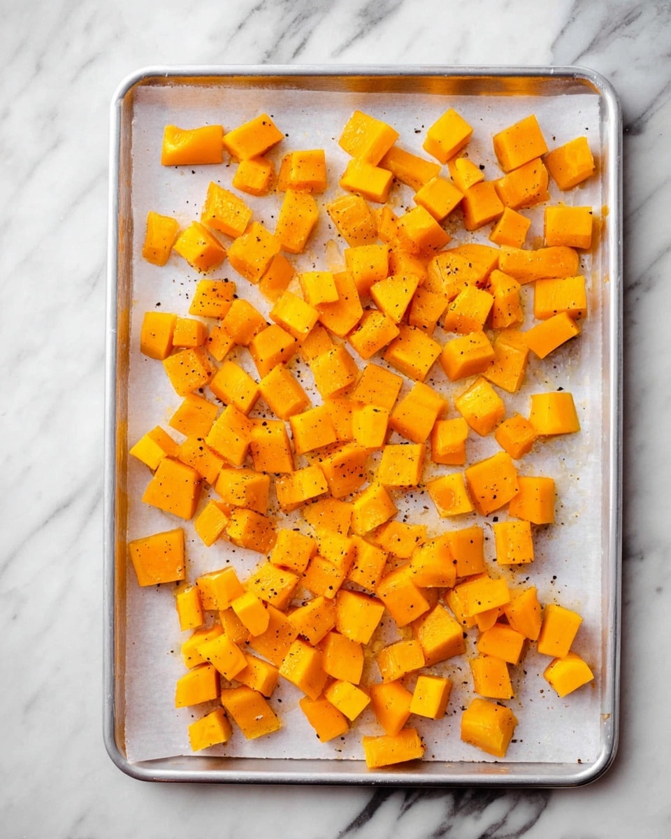 A metal baking tray lined with white parchment paper lies on a white marbled surface. Scattered across the tray are many small, evenly cut cubes of bright orange roasted butternut squash. The cubes have a slightly shiny texture with some edges showing a light golden browning, and tiny black pepper specks are visible on several pieces, adding small dark spots among the vivid orange. The overall look is tidy and evenly spread, with no overlapping pieces. Photo taken with an iphone --ar 4:5 --v 7