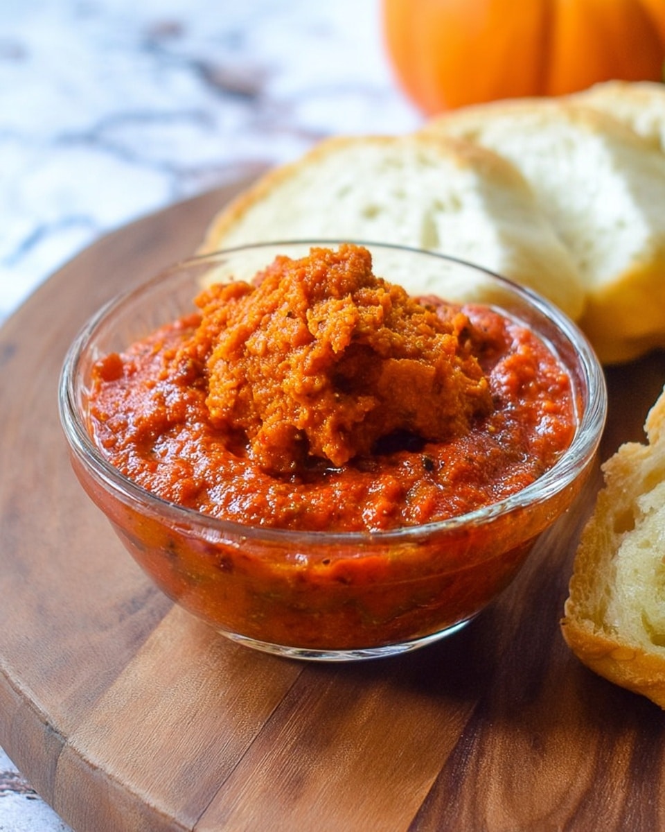 A clear glass bowl filled with two layers: the bottom layer is a thick, red tomato-based sauce with visible bits of herbs and spices, and the top layer is a chunky, orange spread with a soft texture, piled unevenly on the sauce. The bowl is placed on a round wooden board, and in the background, there are slices of white bread and a small orange pumpkin visible against a white marbled texture. The photo taken with an iphone --ar 4:5 --v 7