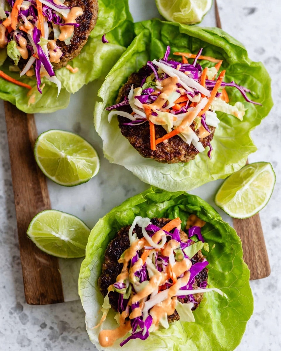 There are several grilled patties with a browned and slightly charred texture on top, placed on fresh, green lettuce leaves that have a crisp and leafy texture. The patties appear thick and slightly chunky with visible small pieces inside. The lettuce leaves serve as a base, holding each patty like a cup. Next to the patties is a halved lime showing its green, juicy interior. The food is arranged on a white marble surface with a wooden cutting board at the edge. photo taken with an iphone --ar 4:5 --v 7