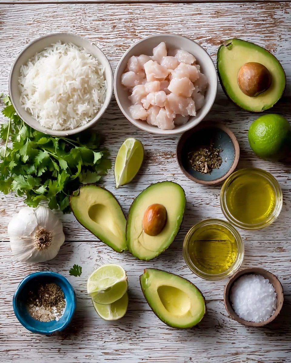 The image shows raw food ingredients arranged neatly on a wooden surface with a white marbled texture. There are three white bowls filled with white rice and small pieces of raw light pink chicken. Two halves of a green avocado are placed in the center, one with the brown seed still inside. Fresh green cilantro leaves are next to the avocado. Around the bowls and avocado, there are also lime halves, a small bulb of garlic, a small blue bowl with mixed spices, a small glass cup with light yellow oil, and a tiny bowl with white salt, all laid out in an organized way. photo taken with an iphone --ar 4:5 --v 7