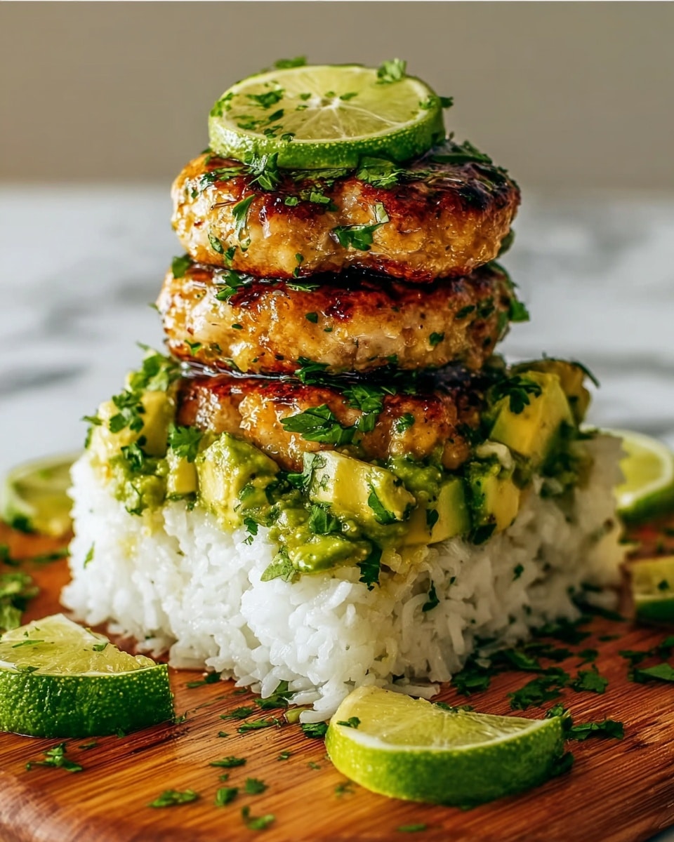 The image shows a neatly stacked dish with three layers on a wooden board against a white marbled background. The bottom layer consists of white cooked rice compacted into a square shape. The middle layer is made of chunky pieces of bright green avocado mixed with herbs, sitting directly on the rice. On top, there are three golden-brown grilled patties that look juicy and slightly shiny, with green chopped herbs sprinkled over them. A thin round slice of lime is placed on top, and additional lime wedges are arranged around the base, adding a fresh touch. Photo taken with an iphone --ar 4:5 --v 7