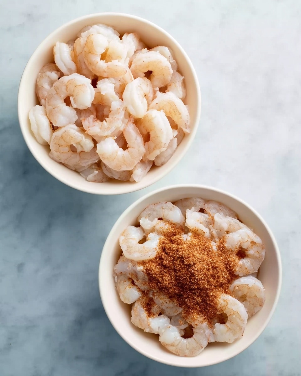 The image shows two white bowls on a white marbled surface. The first bowl is filled with many raw, peeled shrimp arranged in a circle around the center. In the second bowl, the shrimp are arranged the same way, but a layer of reddish-brown seasoning powder is sprinkled in the center on top of the shrimp. The shrimp have a light pinkish-white color with a somewhat smooth texture. photo taken with an iphone --ar 4:5 --v 7