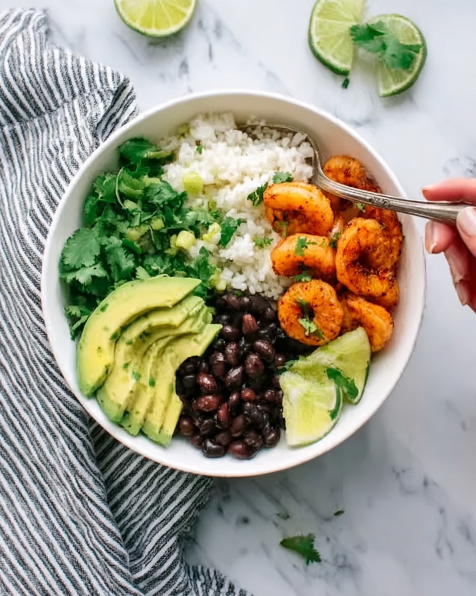 A white bowl sits on a white marbled surface filled with layers of food arranged neatly. The bottom layer is white rice, partially covered by sliced ripe avocado on the top right, showing bright green and smooth texture. To the left of the avocado are black beans, small and round, dark in color. On the bottom center is a serving of roasted seasoned chicken pieces with a golden-brown color, drizzled with a light green sauce. A wedge of lime is placed on the left side inside the bowl, adding a fresh green pop. Fresh green cilantro leaves are placed on the right side, adding a leafy texture. A silver fork rests inside the bowl on the left. In the background, a striped cloth and lime slices are visible. Photo taken with an iphone --ar 4:5 --v 7