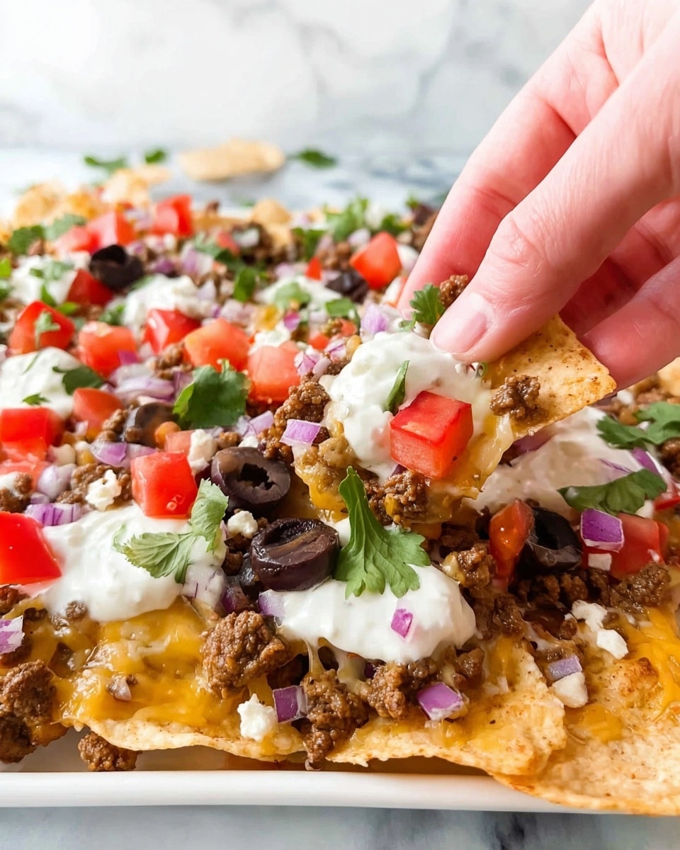 A white plate filled with a layer of crispy tan tortilla chips topped with cooked brown ground meat scattered all over. On top, there is melted light yellow cheese spread unevenly, with dollops of white sour cream placed around. Bright red diced tomatoes and sliced dark purple olives are sprinkled across, along with small green cilantro leaves and thin slices of light purple onion adding color. A woman's hand is picking up a chip with some toppings, showing the textures clearly. The background has a white marbled texture. photo taken with an iphone --ar 4:5 --v 7
