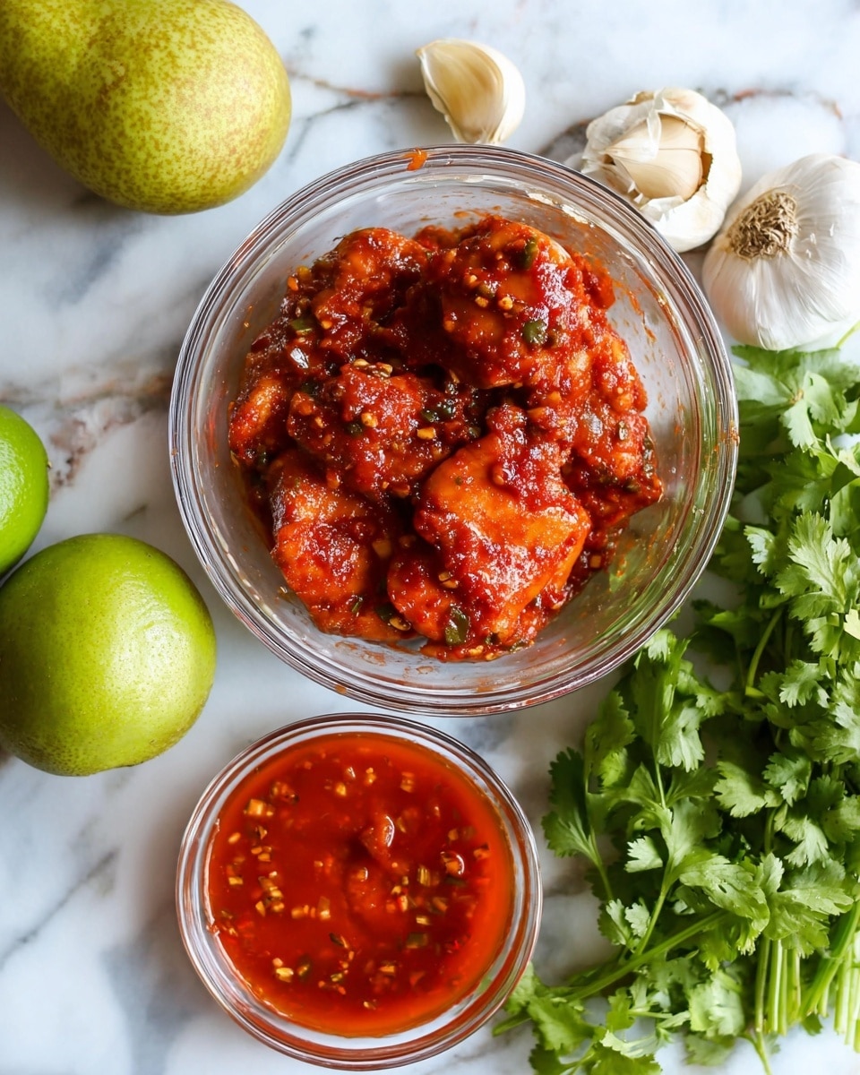 A clear glass bowl holds several pieces of chicken covered in a thick red sauce with visible bits of herbs and spices, giving it a textured look. Below the bowl, a smaller clear glass container is filled with a smooth, bright red sauce. To the left of the bowls, there is a green pear and part of a lime with another lime partially visible. Above the pear, some garlic cloves and a garlic bulb rest on the white marbled surface. To the right side of the bowls, fresh green cilantro leaves spread across the white marbled background. photo taken with an iphone --ar 4:5 --v 7