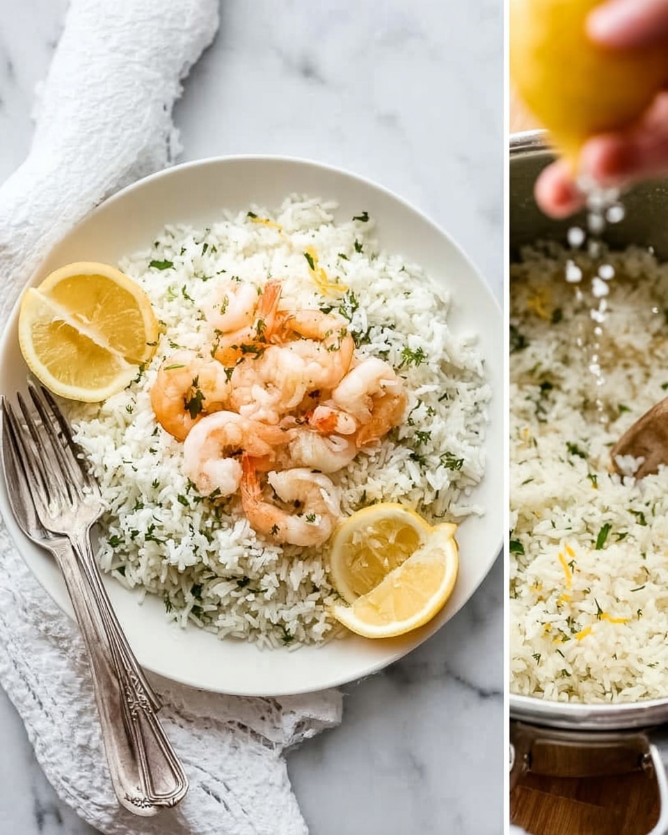The dish shown is a white plate filled with a single layer of cooked white rice mixed with small green herbs, giving it a speckled green and white look. On top of the rice, there are several cooked shrimp with a light pink-orange color arranged in a loose pile near the center right of the plate. Two lemon wedges with bright yellow skin and pale yellow inside sit on the rice—one near the shrimp and one toward the front edge of the plate. A silver spoon and fork rest on the left edge of the plate. The background is a white marbled surface with a bit of a white cloth nearby, and part of a woman’s hand is seen squeezing juice from a lemon above a pot full of rice on the right side of the image. Photo taken with an iphone --ar 4:5 --v 7
