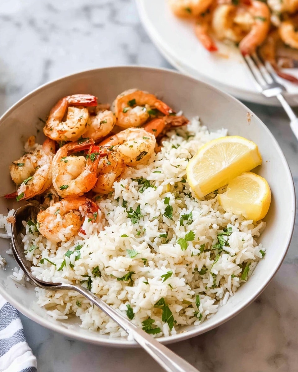 A white bowl filled with two layers, the bottom layer is white rice with chopped green herbs scattered throughout, giving it a speckled green and white appearance. On top of the rice, there is a layer of cooked shrimp that are orange with light browning, arranged mostly on one side. There are also two lemon wedges placed on the side of the shrimp and rice. A metal spoon rests inside the bowl partially buried in the rice. The bowl sits on a white marbled surface with a blurred white plate of similar food in the background and a woman's hand holding a fork on the right side. Photo taken with an iphone --ar 4:5 --v 7