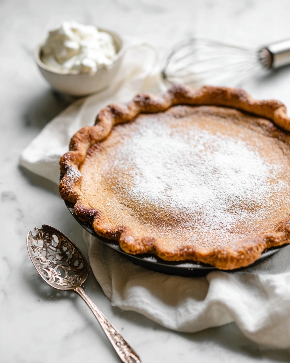 A brown pie with a cracked, golden-brown crust and powdered sugar dusted on top is shown in a round baking tin. The pie has one smooth top layer with a slightly uneven edge that curls upward around the sides. It rests on a white cloth on a white marbled surface, next to a silver, ornate serving spoon with cutout patterns. In the background, there is a white bowl with a whisk and some white cream inside. Photo taken with an iphone --ar 4:5 --v 7