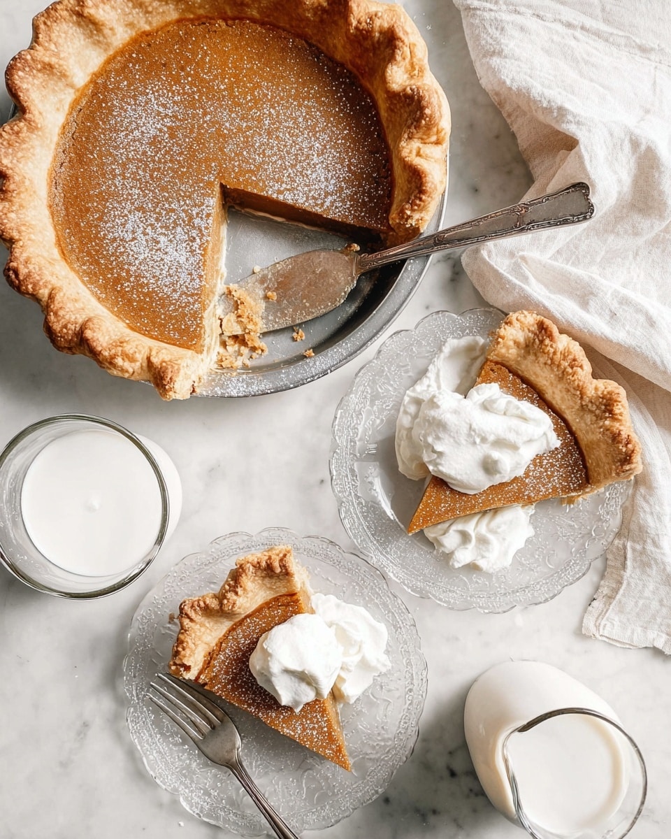 The image shows a partially eaten golden-brown pie with a thick, crimped crust sitting in a round metal pie dish. One large slice is cut from the pie, placed on a transparent ornate white plate along with a dollop of white cream. Another similar slice with cream is visible on a matching plate below. The pie filling is smooth and light brown with a dusting of white powdered sugar on top. A silver fork is holding a piece of pie and cream on the top plate. A white cloth napkin is casually placed near the dishes and a glass of white milk stands to the right on a white marbled surface. In the lower left corner, a white bowl with whipped cream and a whisk can be seen. photo taken with an iphone --ar 4:5 --v 7