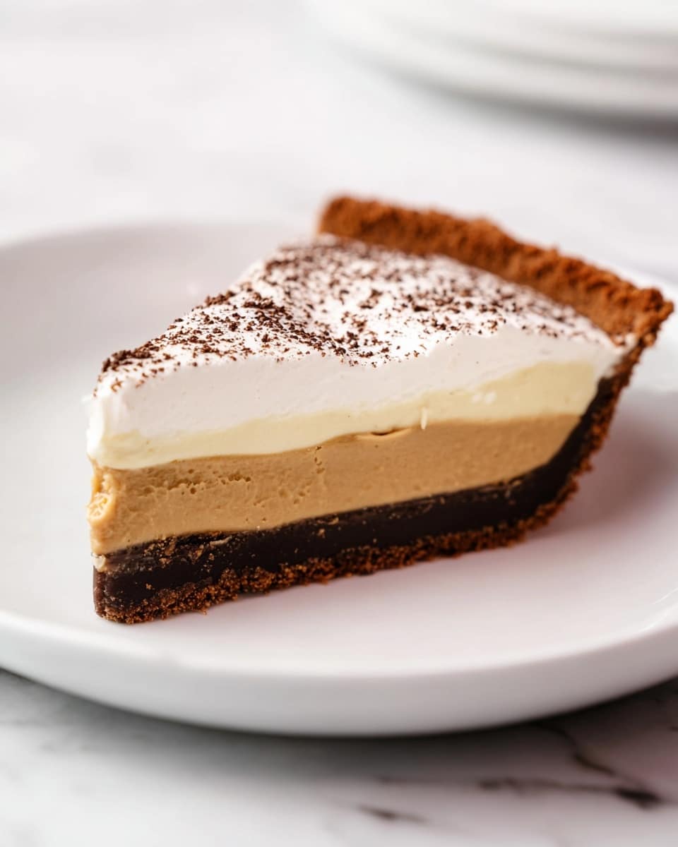 A single slice of pie on a white plate shows three distinct layers: a dark brown, slightly crumbly crust at the bottom; a thick, smooth, light caramel-colored filling in the middle; and a fluffy, white cream layer on top that is sprinkled with fine dark brown powder. The crust edge is raised and crimped. The plate rests on a white marbled surface. Photo taken with an iphone --ar 4:5 --v 7