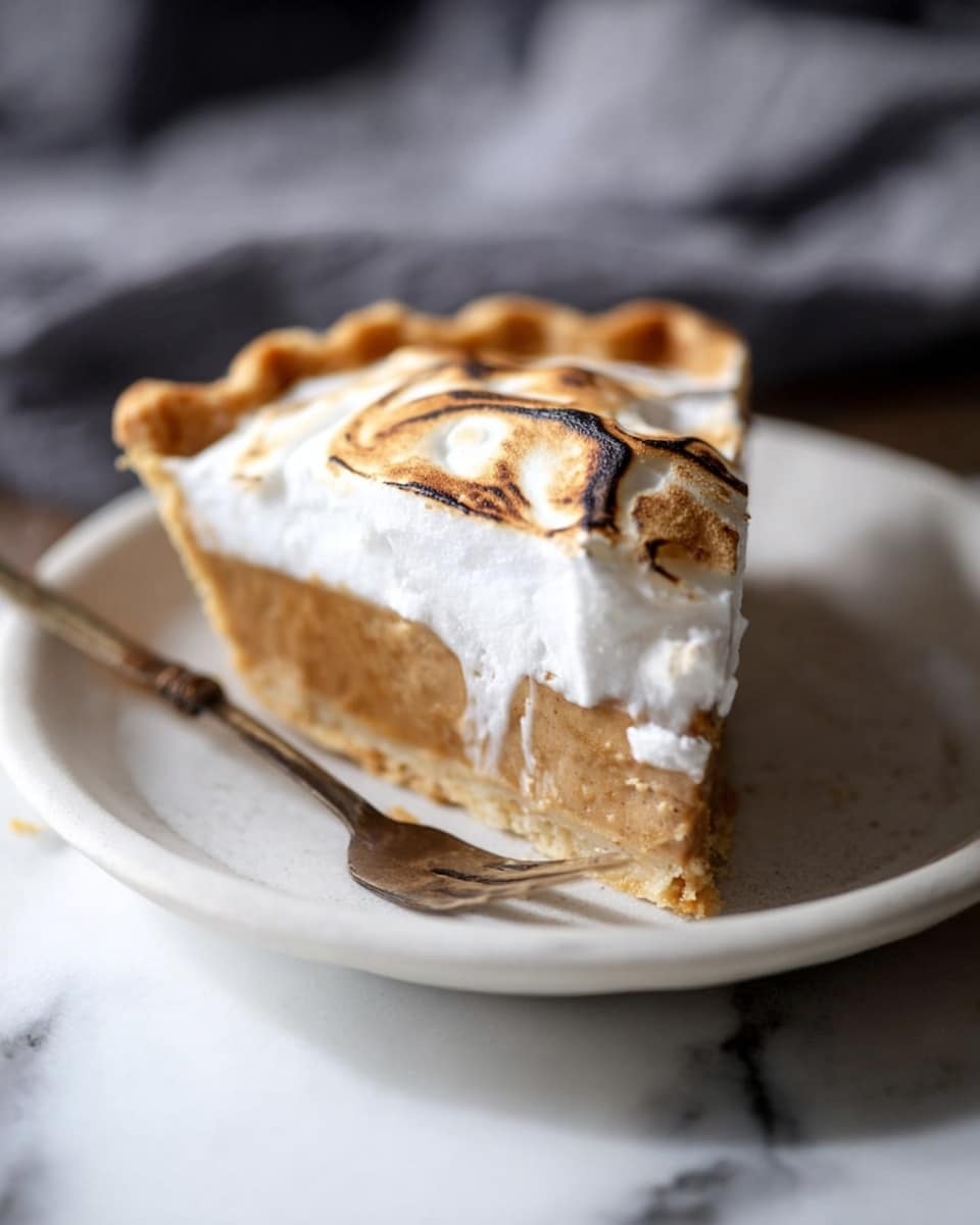 A single slice of custard pie sits on a white plate on a white marbled surface. The pie has three clear layers: a light brown, crumbly crust at the bottom, a thick creamy yellow custard filling in the middle, and a thin, shiny, slightly darker brown layer on top with tiny specks. Next to the slice on the plate are two whole cinnamon sticks. In the background, a white pie tin holds the remaining pie, with a silver foil edge visible. The background also includes a woman's hand holding a knife and more cinnamon sticks on the white marbled surface. Photo taken with an iphone --ar 4:5 --v 7