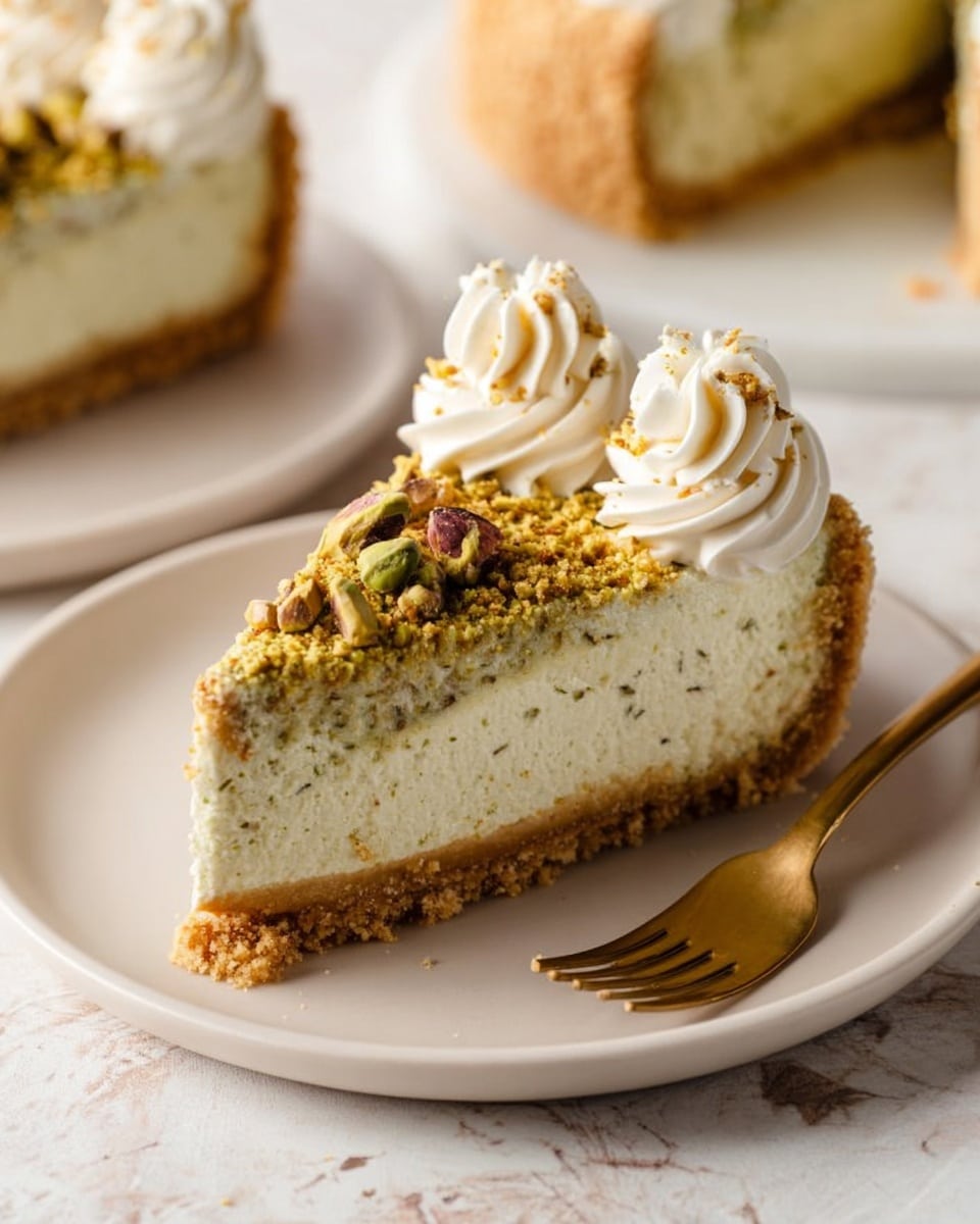 A slice of creamy pistachio cheesecake sits on a white plate with a crumbly golden crust. The cheesecake has a smooth, light green layer mixed with bits of pistachios and a thicker, creamy white base. On top, there is a sprinkle of crushed pistachios and four swirls of white whipped cream evenly spaced around the edge. A gold fork rests next to the slice on the plate. The background is a white marbled surface with another piece of cheesecake slightly blurred in the foreground. Photo taken with an iphone --ar 4:5 --v 7