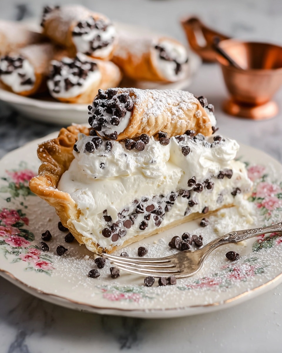 A slice of creamy dessert pie is placed on a white plate with floral patterns. The pie has three main layers: the bottom is a golden flaky crust, the middle is a thick white cream filled with small dark chocolate chips, and the top layer features whipped cream with more chocolate chips sprinkled on it. On top of the whipped cream sits a single cannoli filled with white cream and dusted with powdered sugar, also topped with chocolate chips. Powdered sugar is lightly scattered around the pie on the plate. A silver fork lies next to the pie. In the background, another white plate holds more cannoli, and copper measuring spoons rest nearby on a white marbled surface. photo taken with an iphone --ar 4:5 --v 7