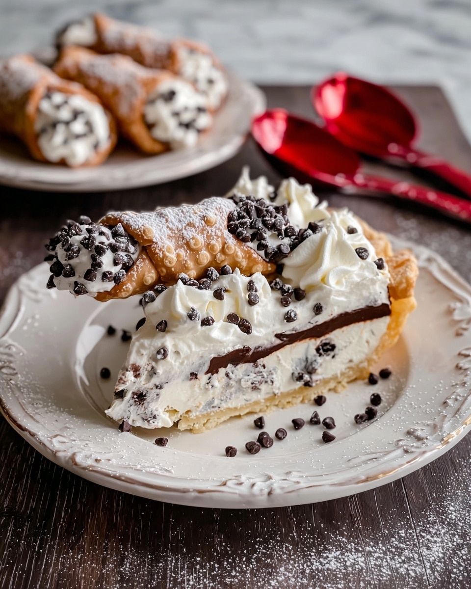 A white pie dish holds a dessert with several layers. The bottom layer is a light golden crust. On top of the crust is a smooth, dark chocolate filling. Around the edge of the pie are white, whipped cream dollops, each topped with small dark chocolate chips. In the center of the pie, there are three cannoli placed on top of each other, each cannoli filled with white cream and sprinkled with dark chocolate chips, dusted lightly with powdered sugar. The pie sits on a surface with a white marbled texture. Photo taken with an iphone --ar 4:5 --v 7