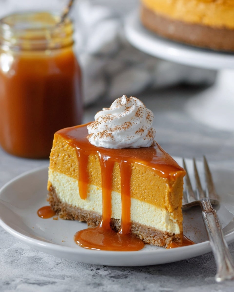 A slice of pumpkin cheesecake sits on a white plate with three visible layers: a crumbly light brown crust at the base, a thick smooth orange pumpkin cheesecake layer in the middle, and a glossy caramel sauce dripping down the sides and pooling at the bottom. On top of the cheesecake, there is a small dollop of white whipped cream sprinkled with a fine dusting of cinnamon. A silver fork rests on the right side of the plate, and in the blurred background, a glass jar filled with caramel sauce and a spoon inside is seen on a white marbled textured surface. photo taken with an iphone --ar 4:5 --v 7