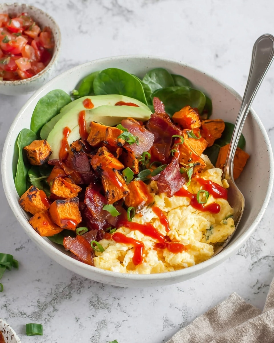 A white bowl on a white marbled surface holds a colorful layered dish. The bottom layer is creamy scrambled eggs with a soft, slightly lumpy texture and a pale yellow color. On top of the eggs, there are pieces of crisp bacon in dark red and brown tones. Diced roasted sweet potatoes with a bright orange color and charred edges cover part of the bowl, and fresh green spinach leaves are placed around them. Thin slices of avocado add a smooth light green element, and a drizzle of vibrant red sauce streaks over the bacon and eggs. Some chopped herbs are scattered on top, adding small green bits. A shiny silver spoon rests inside the bowl. Nearby, a small white bowl with tomato salsa is partly visible. Photo taken with an iphone --ar 4:5 --v 7