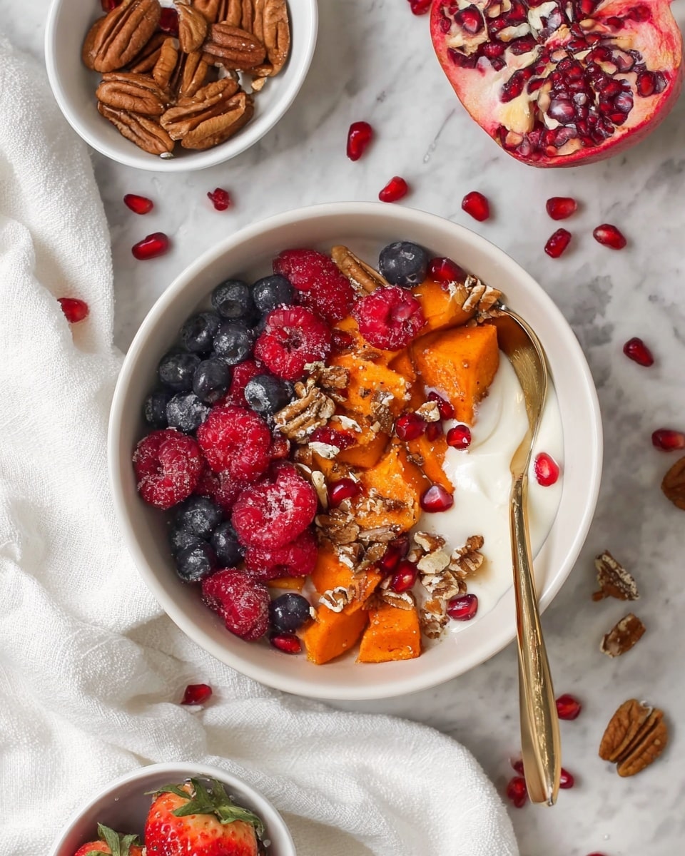 The image shows three white bowls on a white marbled surface. The top-left bowl has layers of roasted orange sweet potatoes, white yogurt, red raspberries, dark blueberries, granola, and small red pomegranate seeds mixed throughout. A golden spoon rests inside this bowl. The bottom-left bowl contains white yogurt topped with roasted orange sweet potatoes, red strawberry slices, and scattered pomegranate seeds, with a wooden spoon inside. The bowl on the right is filled with scrambled eggs as the base layer, topped with roasted sweet potatoes, green avocado chunks, fresh green herbs, and red sauce drizzled over the top. A silver spoon is inside this bowl. Nearby is a small white bowl filled with chunky red salsa. The overall look is fresh and colorful. Photo taken with an iphone --ar 4:5 --v 7