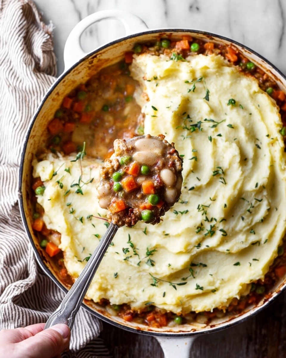 A white skillet filled with a smooth layer of cream-colored mashed potatoes spread evenly on top, sprinkled with small pieces of chopped green herbs scattered across the surface. The edges of the mashed potatoes show a slightly browned, crispy texture where they meet the skillet. The skillet sits on a dark wooden textured surface with a striped cloth near its handle, and a few fresh green rosemary sprigs are scattered around. Photo taken with an iphone --ar 4:5 --v 7