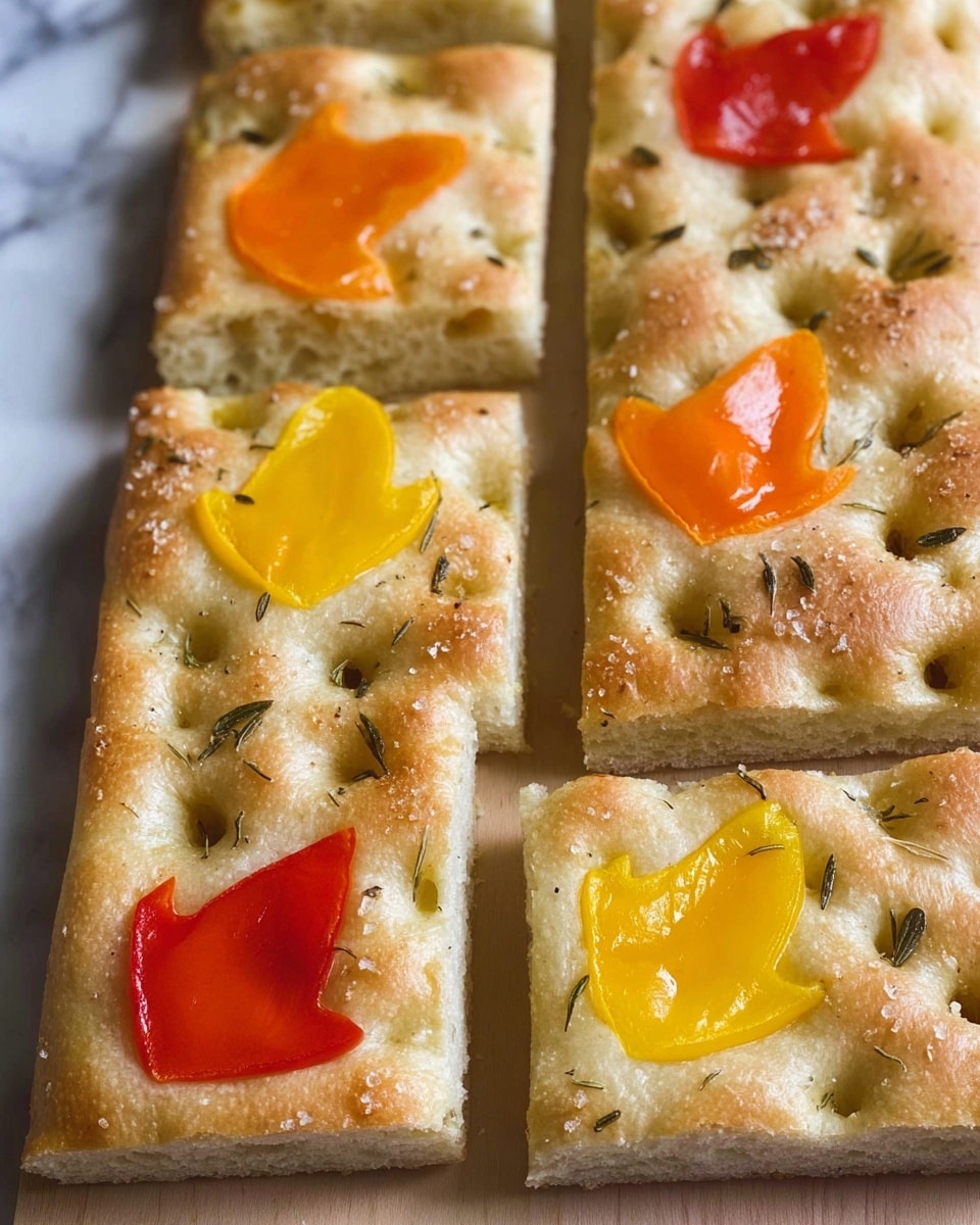 The dish shows a rectangular focaccia bread with a golden-brown crust that looks soft and slightly bumpy, dotted with coarse salt and dried herbs on top. On the surface, brightly colored bell pepper pieces are cut into leaf shapes in red, yellow, and orange, set evenly across the flatbread. The bell pepper leaf shapes have a smooth, shiny texture that contrasts with the rough, airy bread beneath. The bread is placed on a wooden board with a piece of parchment paper underneath, surrounded by some green leaves and a small pumpkin in the background, all set on a white marbled surface. Photo taken with an iphone --ar 4:5 --v 7