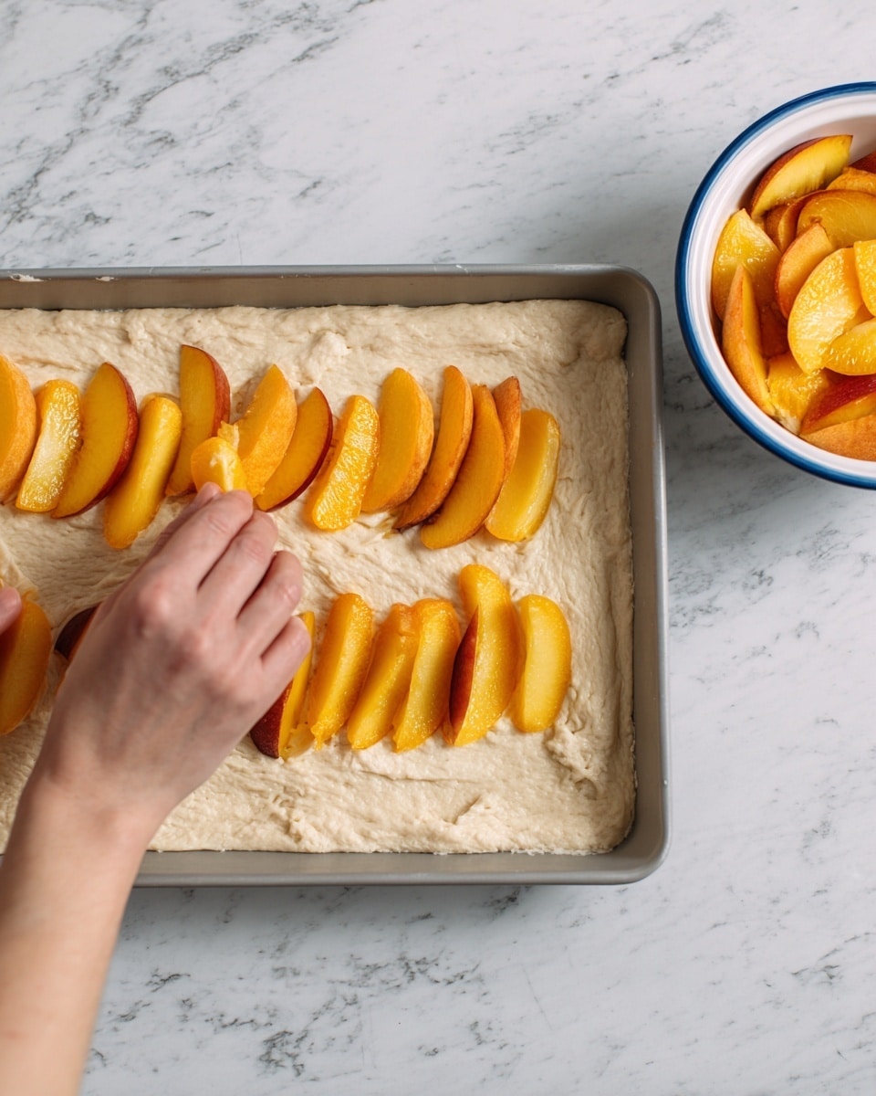 A slice of peach tart is shown on a white plate, featuring three layers: a light golden-brown crust at the bottom with a crumbly texture, a creamy pale layer just above the crust, and a bright top layer made of five overlapping, thin peach slices with a golden yellow and soft orange gradient and a slightly shiny surface. In the background, the whole tart is on a white baking pan, showcasing a similar arrangement of peach slices on a golden crust with a raised edge. There are blurred fresh peaches and small white flowers around, with the entire scene set on a white marbled surface. Photo taken with an iphone --ar 4:5 --v 7