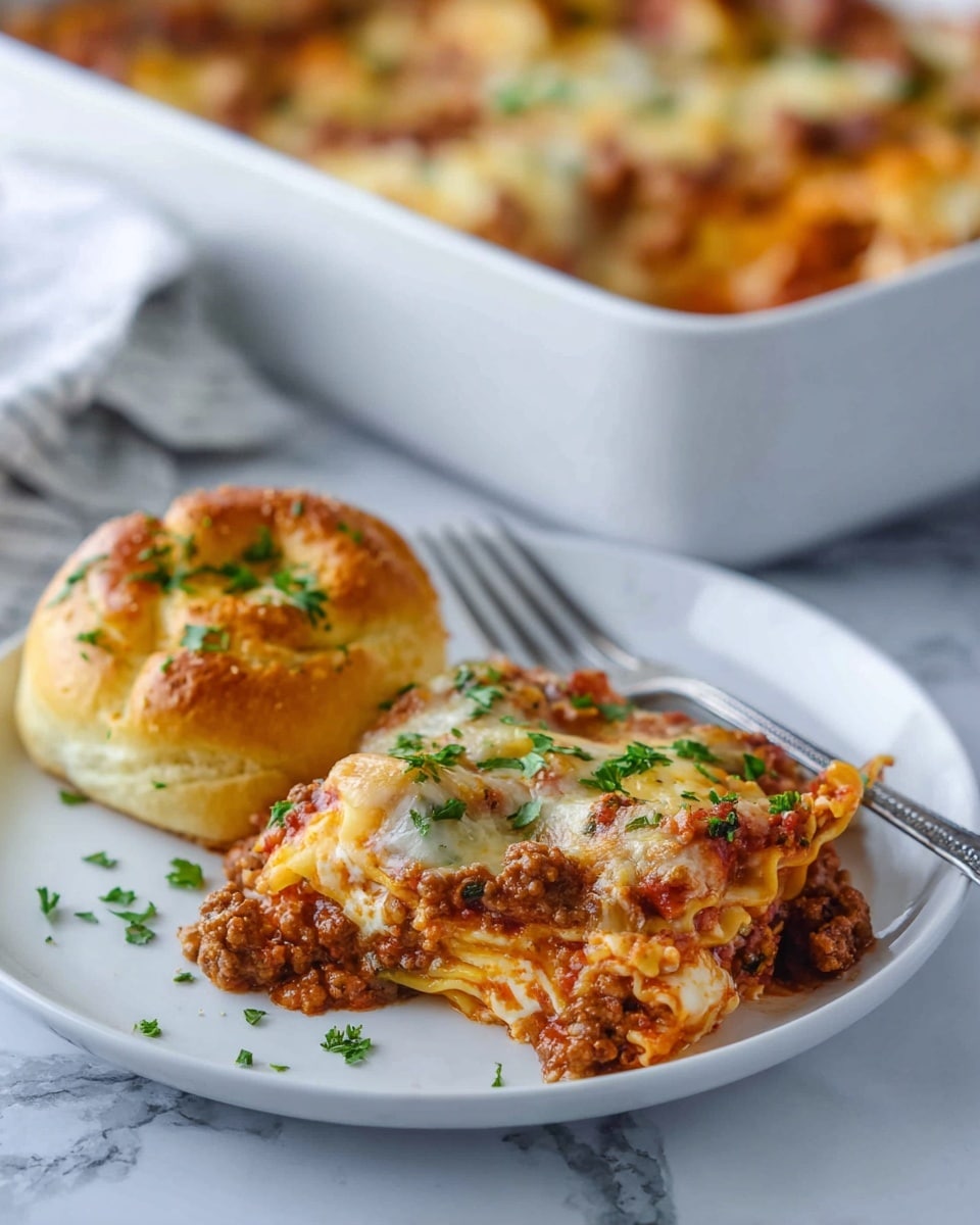 The image shows a close-up of a white baking dish filled with a baked pasta dish made of tortellini. The bottom layer consists of meat sauce with browned bits visible, followed by a layer of tortellini pasta that is yellow with a smooth texture. On top, melted cheese covers the dish, showing creamy white and light golden spots with some bubbling around the edges. Fresh green parsley leaves are sprinkled evenly over the cheese, adding a pop of color. The dish is placed on a white marbled surface beside a striped blue and white cloth. Photo taken with an iphone --ar 4:5 --v 7