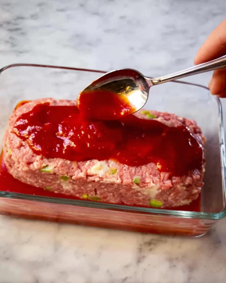 The image shows a white plate on a white marbled surface, holding two thick slices of meatloaf with a shiny red glaze on top, showing bits of green and white inside. Next to the meatloaf is a small mound of bright yellow corn kernels and a scoop of white mashed potatoes with a smooth brown gravy pool in the center. The plate is simple and clean, and the food looks warm and ready to eat. Photo taken with an iphone --ar 4:5 --v 7