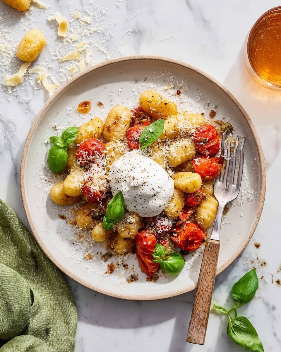 A white plate holds a dish with three main layers: the bottom layer consists of small, golden-brown gnocchi scattered evenly, mixed with roasted cherry tomatoes that are red and slightly juicy, some showing a bit of char. The middle layer is a sprinkle of fine grated white cheese that dusts the gnocchi and tomatoes lightly, adding texture and color contrast. On top sits a dollop of soft, white creamy cheese with a smooth and slightly uneven surface, sprinkled with a little black pepper. Fresh bright green basil leaves are placed on the sides, adding a pop of color. A fork with a wooden handle rests partially on the right edge of the plate. The plate is set on a white marbled surface with some scattered cheese bits and a folded green cloth napkin to the left; a glass of amber liquid is visible in the top right corner. photo taken with an iphone --ar 4:5 --v 7