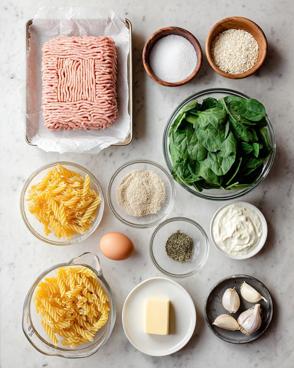 The image shows a close-up of a stainless steel pan filled with creamy pasta and meatballs. The dish has three main layers: the bottom layer is pale yellow penne pasta, the middle layer is browned meatballs mixed evenly throughout, and the top layer features fresh green spinach leaves covered in a thick white cream sauce. The mixture looks rich, with the cream sauce lightly coating the pasta, meatballs, and spinach. The pan rests on a white marbled surface, and a wooden spoon is partially visible on the right side, stirring the food. photo taken with an iphone --ar 4:5 --v 7