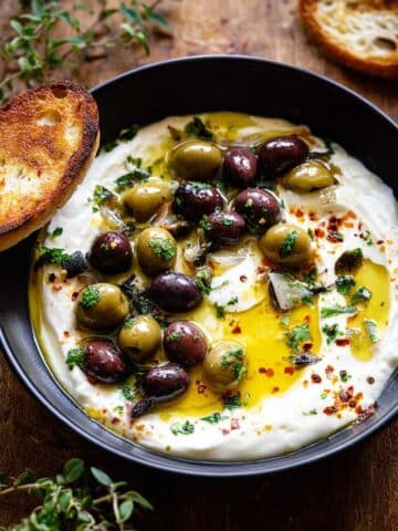Honey Whipped Feta with Garlic Herb Roasted Olives Recipe