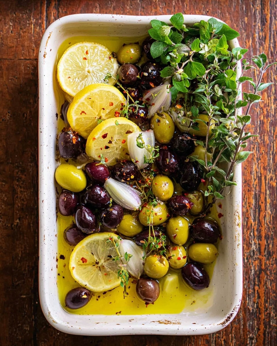 A white rectangular dish filled with two main layers: a base layer of yellow olive oil spreading unevenly at the bottom, and a top layer of mixed green and black olives scattered all around, some with a shiny texture. On top of the olives, there are four lemon wedges with bright yellow skin placed mostly on one side, small pieces of pale purple onion quarters, and fresh green herb sprigs with tiny white flowers arranged on the upper right corner. Red chili flakes are sprinkled lightly over the olives and lemon wedges. The dish rests on a rustic wooden surface. photo taken with an iphone --ar 4:5 --v 7