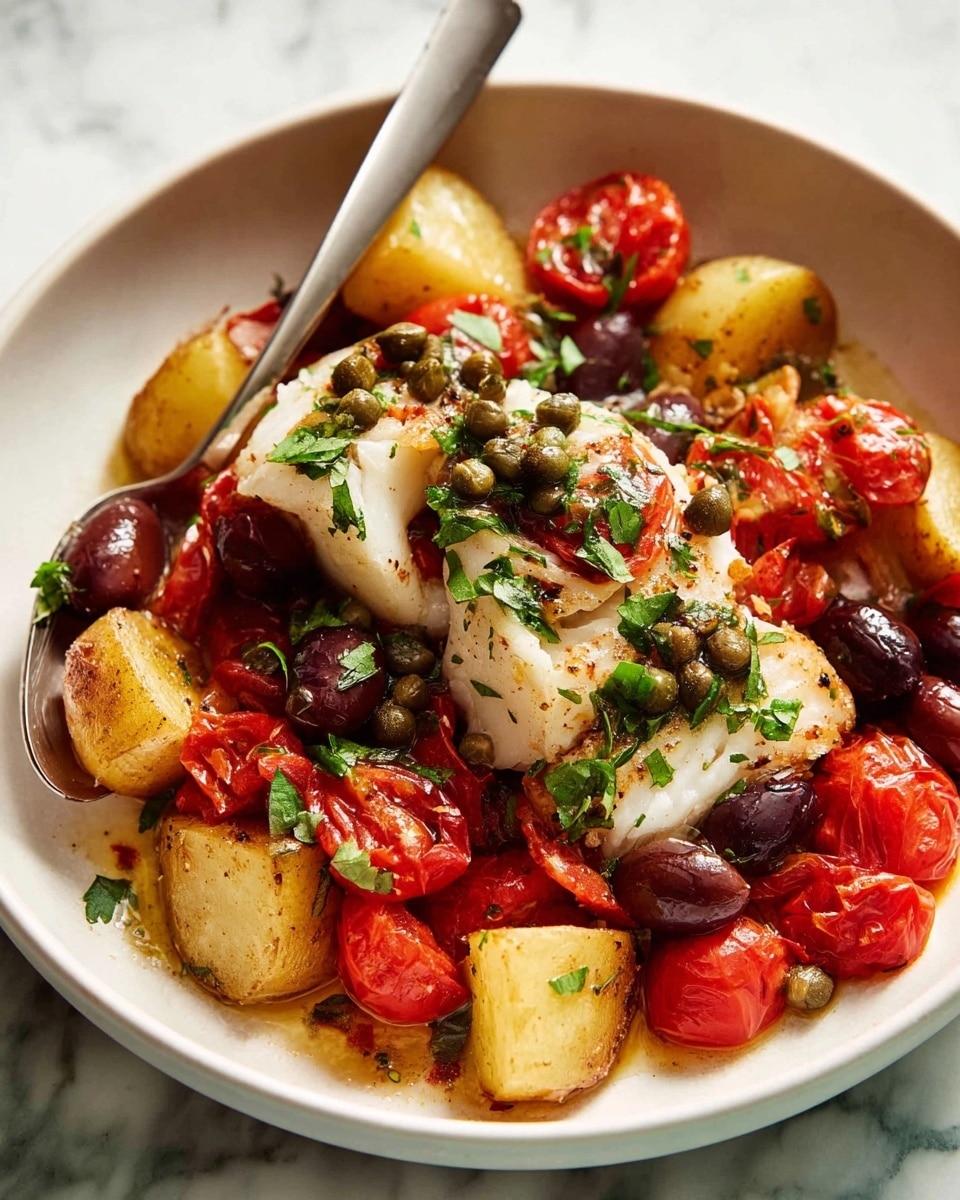 The image shows a baking tray filled with a colorful dish consisting of four white fish fillets placed in a line across the top layer. Below the fish, there is a mixture of golden roasted small potato halves, bright red cherry tomatoes, and pieces of caramelized onion scattered throughout. Fresh green basil leaves are sprinkled on top, adding a touch of vibrant color. The tray rests on a white marbled surface, and a crusty piece of bread is visible at the top right corner. The textures range from soft fish to crispy potatoes and juicy tomatoes, all held together by a sultry, slightly oily base. photo taken with an iphone --ar 4:5 --v 7