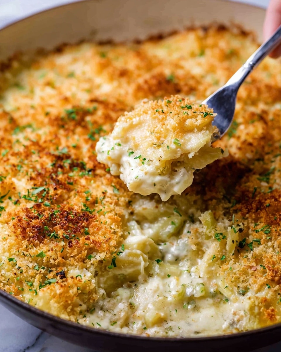 The image shows a skillet dish with several layers starting at the bottom with thinly sliced light cream-colored potatoes in a creamy white sauce. Above that, there are pieces of white cooked fish partially covered by a layer of melted golden-brown cheese with a slightly crispy texture. The cheese layer is sprinkled with small bits of green herbs, adding color contrast. A silver fork is stuck into the dish on the right side, lifting a portion to show the layers underneath. The skillet is placed on a white marbled surface with a white cloth underneath. Photo taken with an iphone --ar 4:5 --v 7