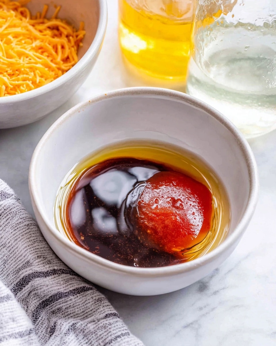 A white bowl placed on a white marbled surface holds three distinct layers of sauce that sit separately without mixing. The bottom layer is a smooth, shiny dark brown sauce covering about half the bowl. On one side, a bright red sauce with a slightly thick, dollop texture occupies about a quarter of the bowl. Between the red and brown sauces, a thin layer of golden yellow oil forms a glossy border with subtle reflections. In the background, the edge of a white bowl with shredded orange cheese and two clear bottles with yellow and transparent liquids are visible beside a white cloth with gray stripes. Photo taken with an iphone --ar 4:5 --v 7