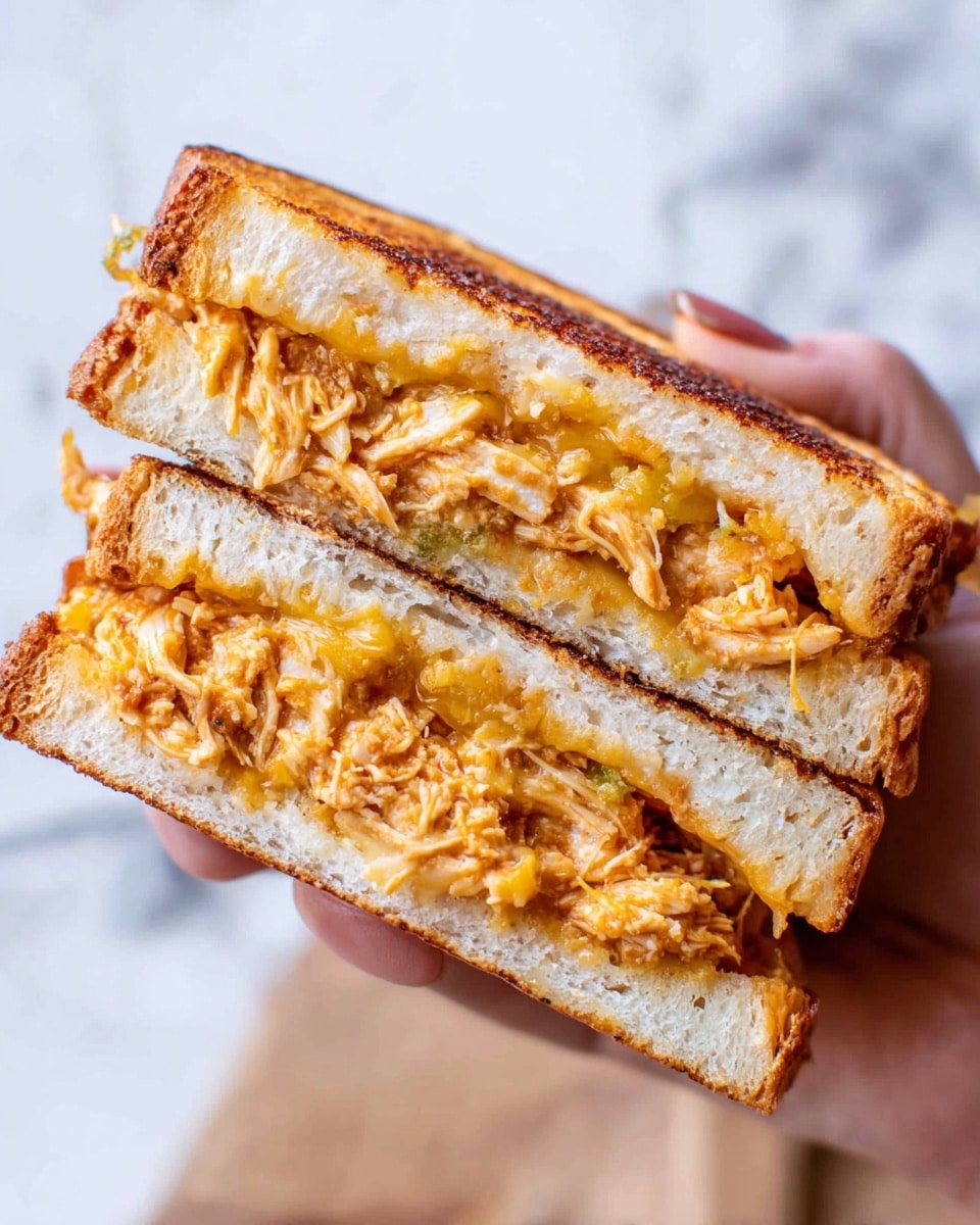 Two halves of a toasted sandwich held in a woman's hand, each half showing two layers of soft, light golden toasted bread enclosing a thick filling. The filling has a shredded texture with a mix of light brown and orange colors, likely shredded chicken mixed with melted cheddar-like cheese that is slightly gooey and stringy. The inner sides of the bread show a slight crustiness and are golden brown, contrasting with the softer pale inside. The background is a white marbled texture. photo taken with an iphone --ar 4:5 --v 7