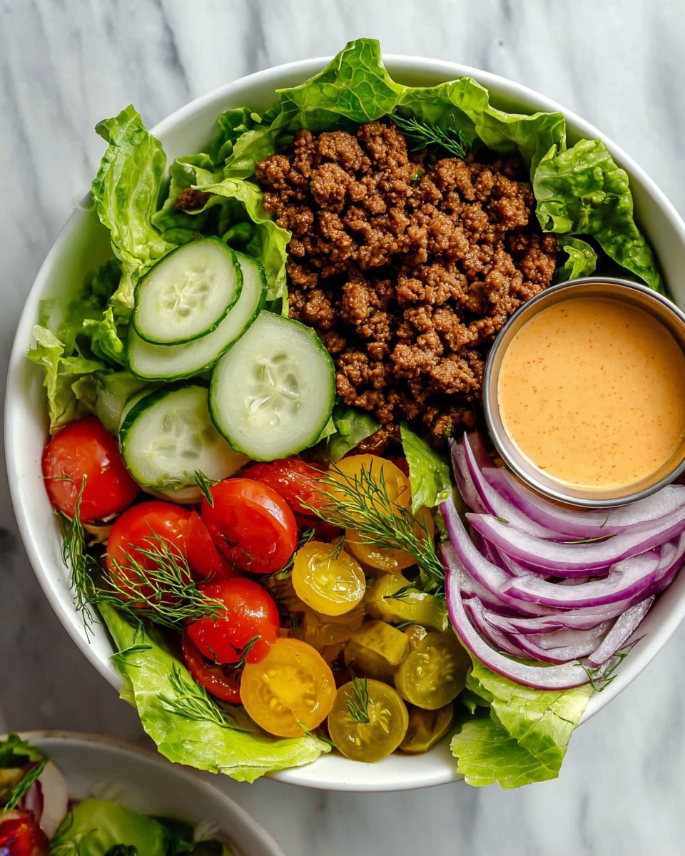 A white bowl filled with a fresh salad arranged in sections: a bed of leafy green lettuce forms the base, topped with crumbled seasoned ground meat on one side, beside several round, thin slices of pale green pickles with slight ridges. Next to the pickles are halved red and yellow cherry tomatoes with small green dill sprigs. On the opposite side, thin rings of light purple onion rest on more lettuce. A small metal cup of creamy orange dressing sits nestled in the upper right corner. The bowl is set on a white marbled surface. Photo taken with an iphone --ar 4:5 --v 7