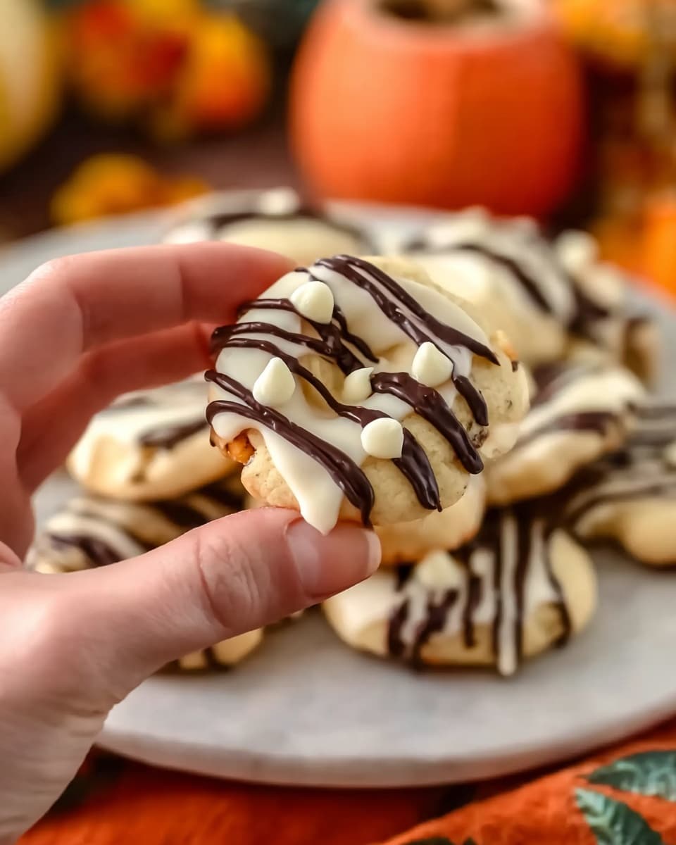 A white plate holds several round cookies with a light beige icing layer on top. Each cookie is drizzled with thin, dark brown chocolate lines in a zigzag pattern across the icing. Some of the cookies have small orange pumpkin-shaped decorations placed on top. The plate rests on a white marbled surface with blurred warm autumn colors and pumpkins in the background suggesting a cozy fall setting. The photo taken with an iphone --ar 4:5 --v 7