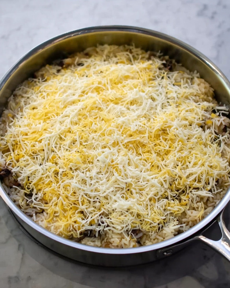 The image shows a close-up of a cooked dish in a black pan on a white marbled surface, with a woman's hand holding a spoon lifting a portion. The dish has three visible layers: the top layer is melted yellow cheese with green onion pieces scattered, the middle layer shows black beans mixed with bits of red tomato and yellow cheese, and the bottom layer appears to be a mix of cooked rice or grains with tomato. The melted cheese is stretchy and shiny as the portion is being lifted, with the green onions adding fresh color spots on top. The background is softly blurred, focusing on the rich colors and textures of the dish. Photo taken with an iphone --ar 4:5 --v 7