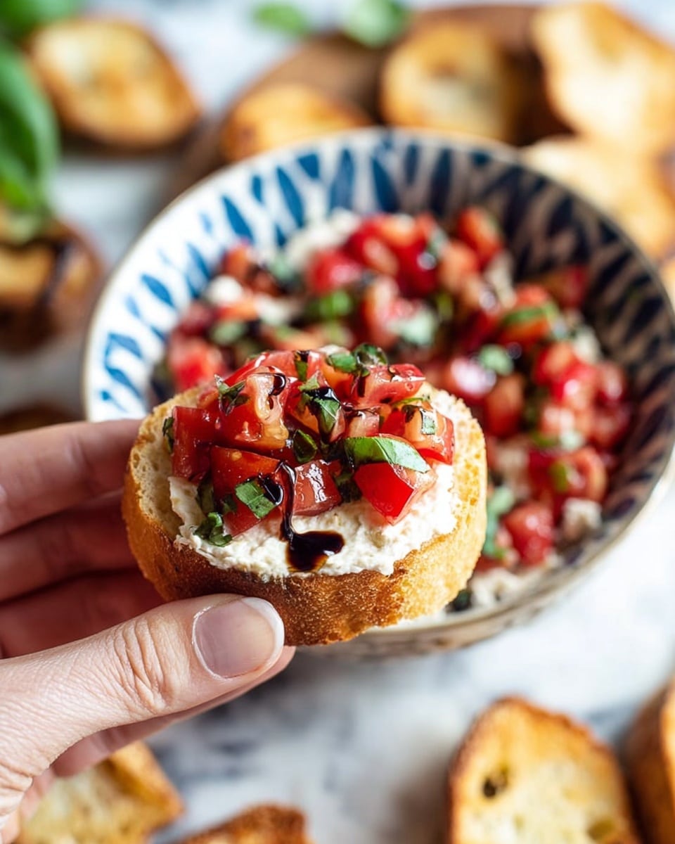 A white plate with thin blue stripes is filled with a mix of creamy white cheese spread and bright red diced tomatoes with green basil pieces on top. Around the cheese and tomato mix, there are several golden toasted bread slices, with some topped with the same creamy cheese and tomato mix. Fresh green basil leaves are also scattered around the plate and on the white marbled surface under it. A clear glass of water and a few whole red tomatoes sit nearby on the white marbled surface. photo taken with an iphone --ar 4:5 --v 7