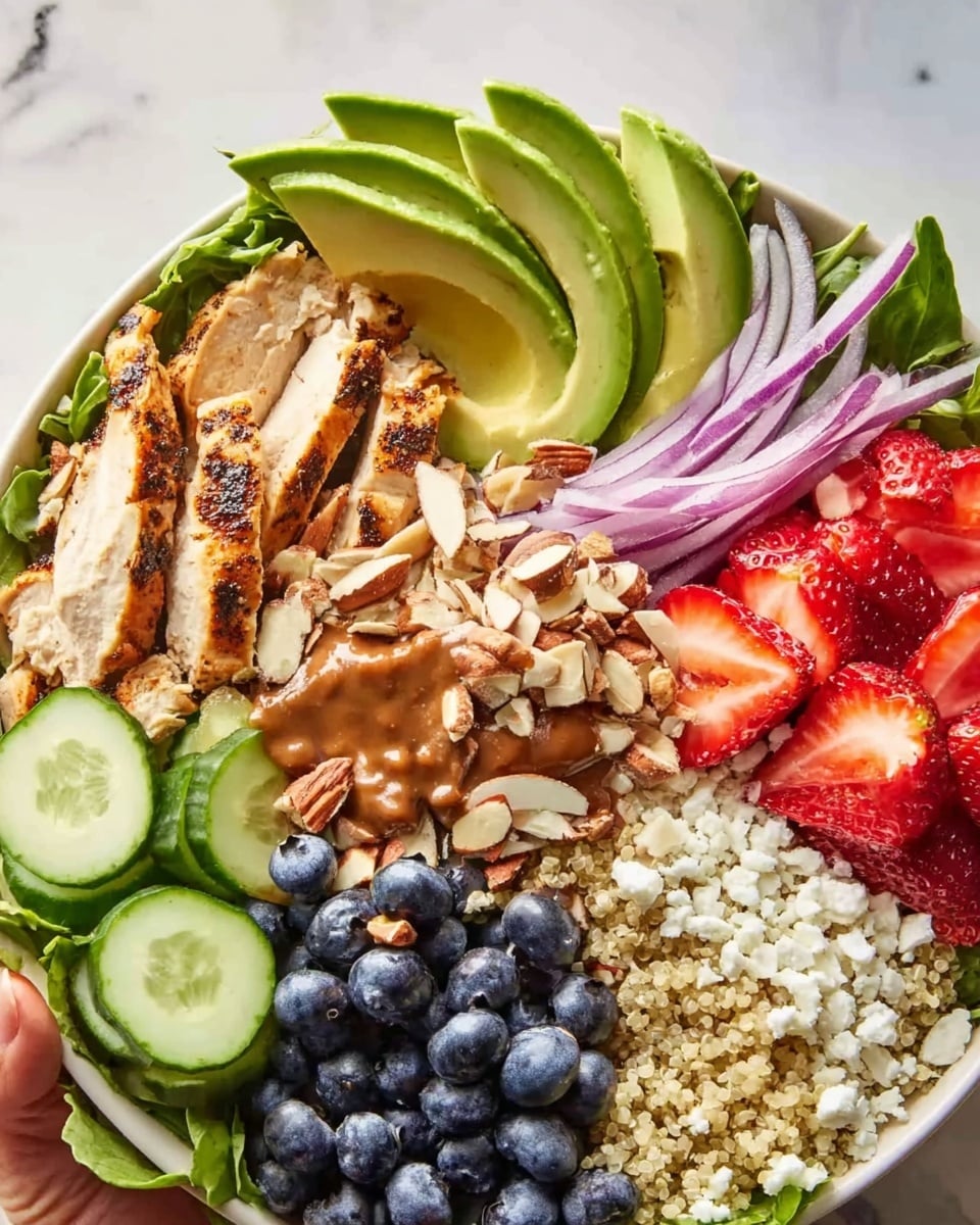 A white bowl filled with several colorful layers arranged side by side, starting with thin slices of grilled chicken on the left, next to a fan of bright green avocado slices. Moving right, there is a large pile of halved strawberries with red and white shades, followed by thinly sliced purple onions and a green leafy mix. In the center, a thick spread of brown sauce topped with many blueberries and scattered almond pieces. At the bottom right, there is a light grain base with white cheese crumbles and cucumber slices along the edge. The bowl is set on a white marbled background, with a woman's hand holding it from the left side photo taken with an iphone --ar 4:5 --v 7