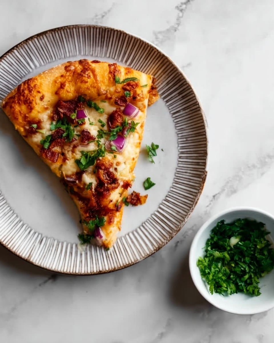 A round pizza with a thick golden crust sits on a wooden board over a white marbled surface. The pizza has three visible layers: a base layer of red tomato sauce spread evenly, a thick layer of melted white cheese covering most of the pizza, and scattered toppings including small pieces of browned cooked meat, thin slices of purple onion, and fresh green parsley sprinkled on top. The cheese looks stretchy and soft with some browned spots, and the crust is puffed up and slightly crispy. A few small drops of oil glisten on the surface. Photo taken with an iphone --ar 4:5 --v 7