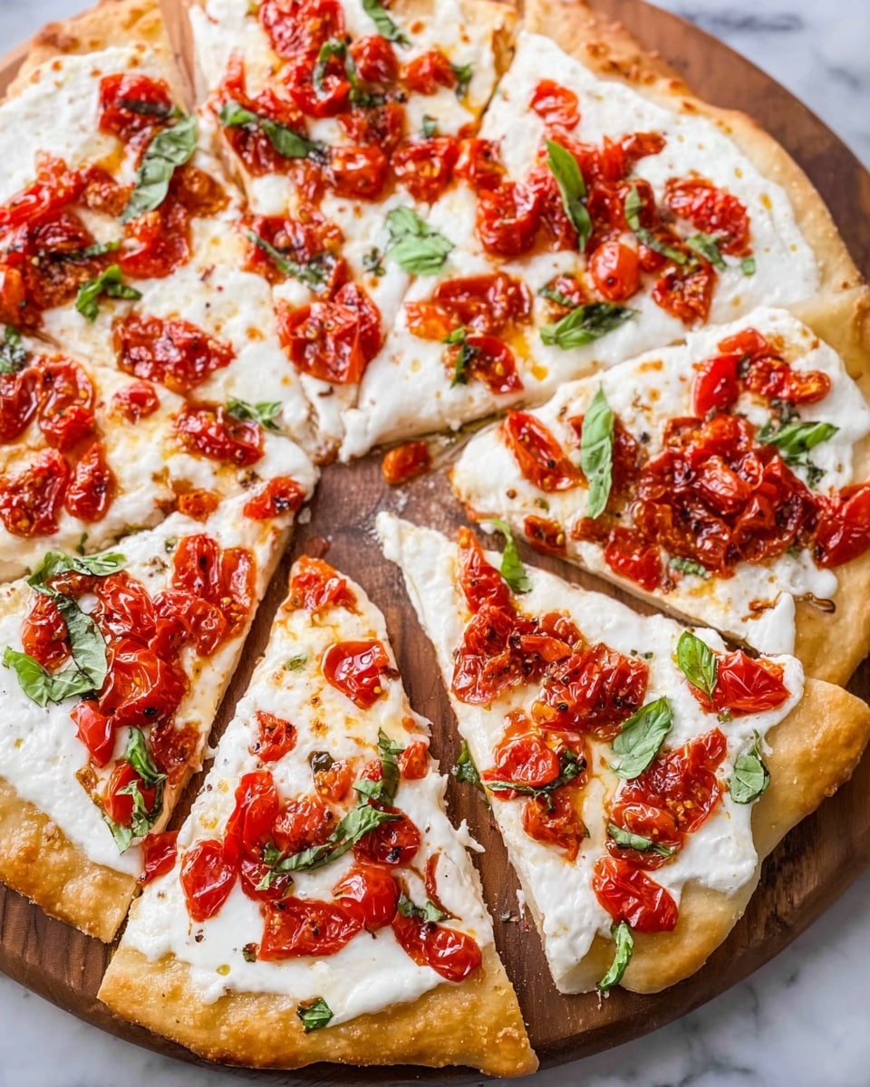 The image shows two stages of making a pizza on white parchment paper on a white marbled surface. On the left side, a woman's hand is using a brush to spread a light yellow oil mixed with red spices evenly over a round, flat, pale pizza dough. On the right side, the same round dough is topped with a layer of small white mozzarella balls scattered all over, mixed with chopped bright red tomatoes. The dough edges are plain and the toppings cover most of the surface. Photo taken with an iphone --ar 4:5 --v 7