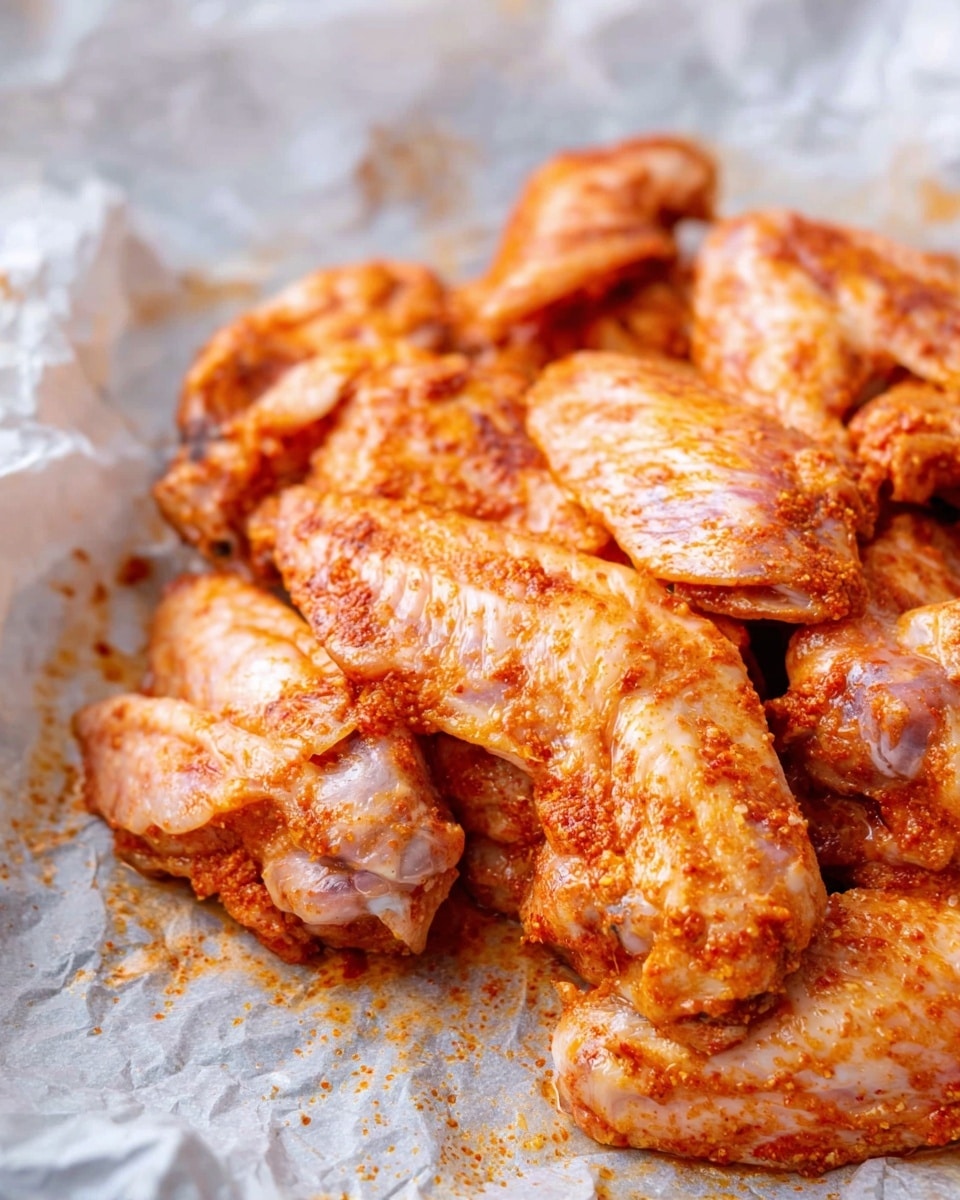 A close-up image shows raw chicken wings coated in a reddish-orange spice mix, stacked in one thick layer on a sheet of crinkled parchment paper. The wings display a mix of light pink and orange colors from the marinade, with a slightly shiny texture that suggests moisture and seasoning coverage. The background is a white marbled surface, visible in soft focus behind the parchment. Photo taken with an iphone --ar 4:5 --v 7