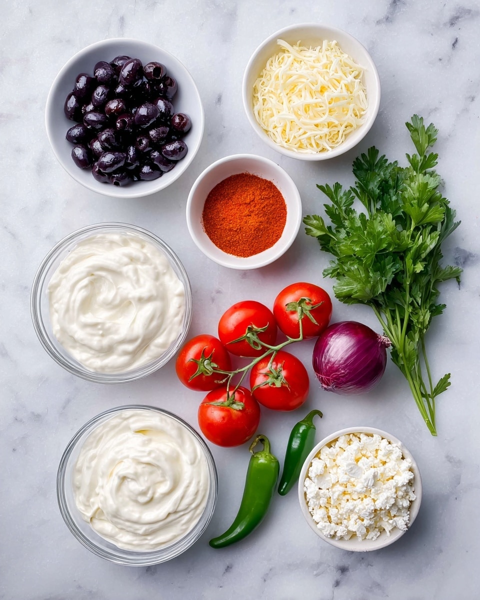 The image shows an array of fresh ingredients neatly arranged on a white marbled surface. The top left has a white bowl filled with glossy black olives. Next to it, a smaller white bowl holds bright orange-red chili powder. To the right, a white bowl contains finely shredded pale yellow cheese. Below these, a bunch of red tomatoes still on their green vine is placed next to a small deep purple onion and two green chili peppers. On the bottom left, a white bowl is filled with creamy white yogurt or sour cream with soft swirls. Above it to the right, a glass bowl has a similar creamy white ingredient but smoother in texture. A bunch of fresh leafy green parsley lies to the right of the bowls. Finally, at the bottom right, a white bowl is full of crumbly white cheese. Photo taken with an iphone --ar 4:5 --v 7