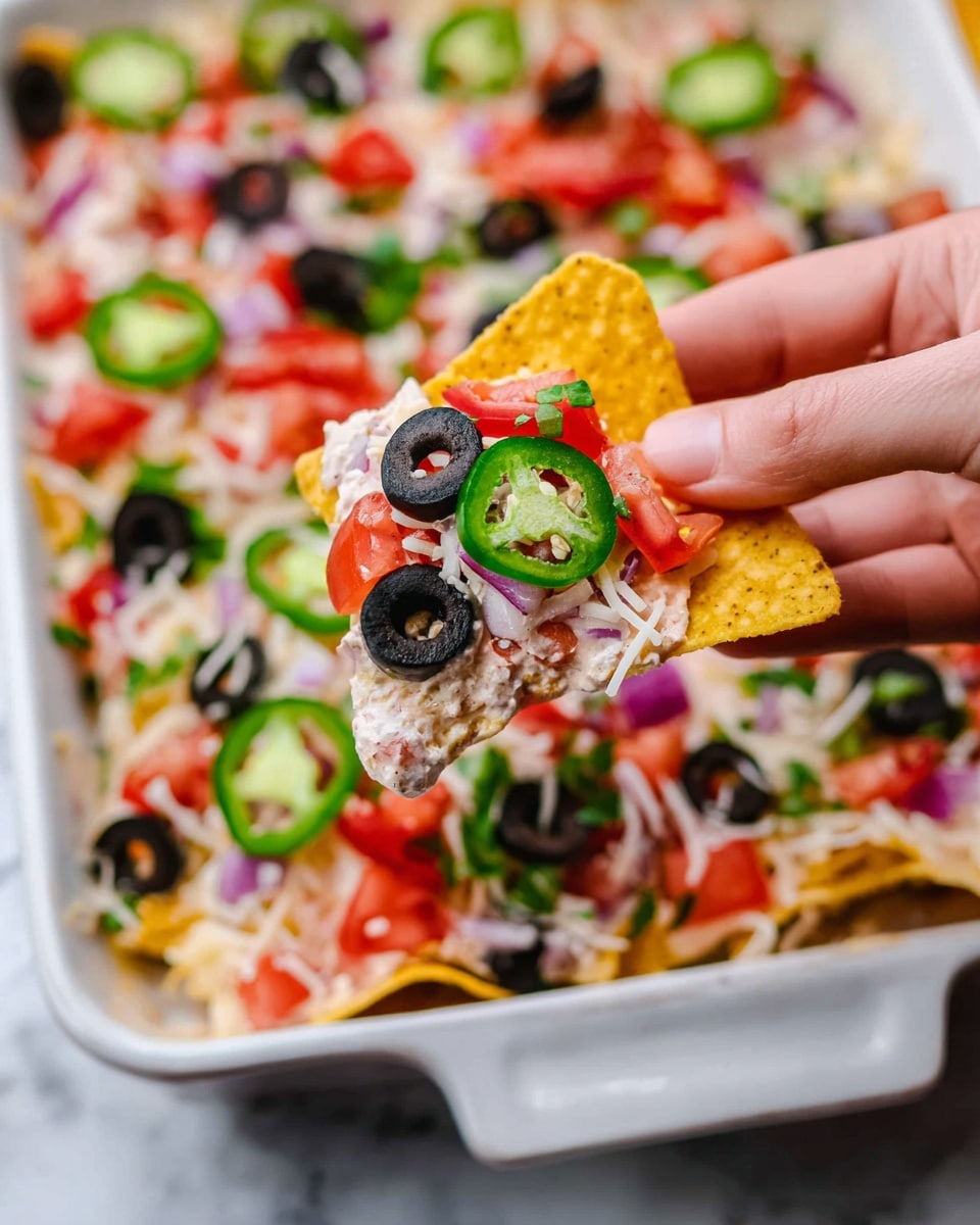 A white square dish filled with layered dip arranged in three visible layers: the bottom layer is light creamy with a smooth texture, the middle layer has scattered diced red tomatoes and finely chopped purple onions, and the top layer is sprinkled with sliced black olives, thin green jalapeño rings, shredded white cheese, and small bits of green herbs. On the right side of the dish, there are several yellow triangular tortilla chips resting on the dip. The dish sits on a white marbled surface, with a few scattered tortilla chips and whole red tomatoes nearby. Photo taken with an iphone --ar 4:5 --v 7