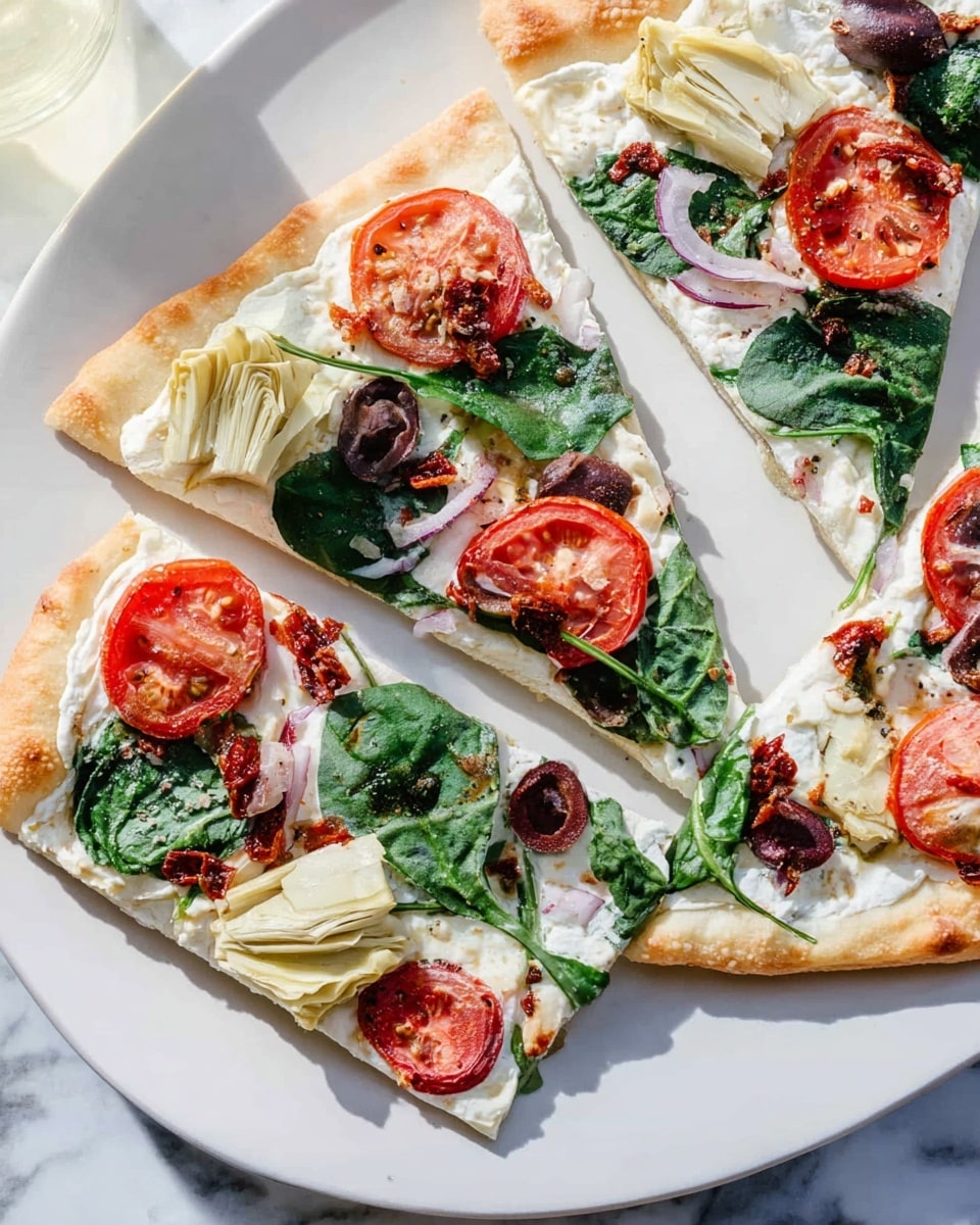The image shows three triangular slices of thin flatbread pizza on a white plate placed on a white marbled surface. The crust is golden-brown and slightly crispy. Each slice has a base layer of white creamy cheese spread, topped with fresh green spinach leaves, quartered red tomato slices, dark brown olive halves, pieces of pale artichoke hearts, thin slices of light purple onions, and small bits of sun-dried tomatoes with a reddish-brown color scattered across. The combination of colors and textures looks fresh and light. Photo taken with an iphone --ar 4:5 --v 7